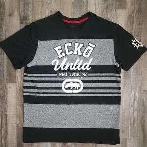 Ecko Unltd T-Shirt Mens L Black Grey Striped Rhino Logo Streetwear Graphic Tee